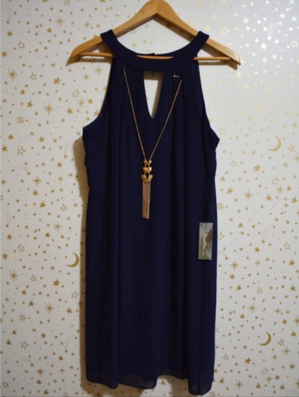 NWT Breathless Blue Ruffle Gold Chain Necklace Dress Size Medium